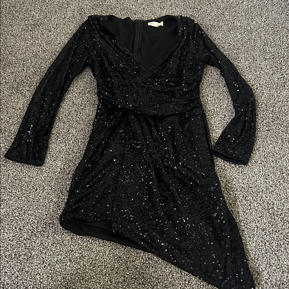 Altar'd State Black Sequin Asymmetrical V-Neck Dress